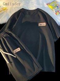 Men's Tracksuits Gmiixder Summer Waffle Casual Suit Letter Patch Design Short-sleeved Shirt Men's Shorts Unisex Handsome Trendy Sports 2pcs Set 230424