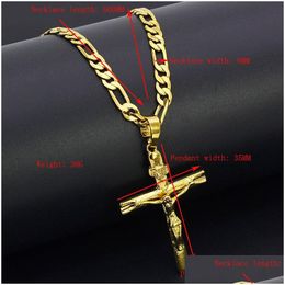 Jewelry Real 24K Yellow Solid Fine Big Pendant 18Ct Thai Baht G/F Gold Jesus Cross Crucifix Charm 55X35Mm Figaro Chain Necklace Drop Dhm9N