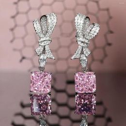 Stud Earrings Luxury Female Cute Bowknot Earring 925 Stamp Yellow/Pink Flower Cut Imitate Diamond Crystal Dangle For Women Gift