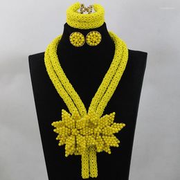 Necklace Earrings Set Nigerian Party African Beads Lemon Yellow Add Flower Crystal Birthday Gift ALJ1001