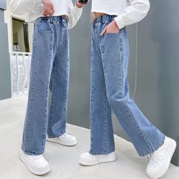 Jeans Teen Girls Jeans High Waisted Wide Leg Pants Springs Children's Loose Straight Blue Denim Pants Casual Style Trousers Clothes 230424