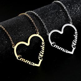 Pendant Necklaces Personalised Double Name Heart Necklace Stainless Steel Customised Name Plate Decoration Pendant Necklace 231124