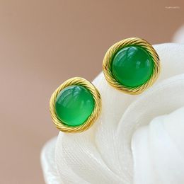 Stud Earrings Authentic 925 Sterling Silver Lady Retro Style Inlaid Green Chalcedony 18K Gold Plated Earstuds Trendy Jewelry Gift