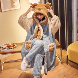 Women's Sleepwear Pajama Sets Women Kawaii Flannel Warm Animal-ears Hat Loose Comfort Winter Thick Sweet Students Pajamas Long Sleeve