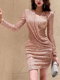 Casual Dresses Runway Women Sexy Bling Long Sleeve V Neck Dress Spring And Autumn Ladies Slim Sequins Party Bodycon Vestidos Female