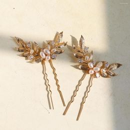 Hair Clips Wedding Accessories Leaf Pins Zirconia Pearl Hairpins For Brides Women Vintage Gold Colour Head Pieces Bridal Jewellery