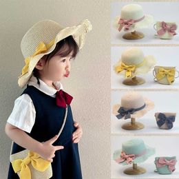 Caps s 2 Pcs Children Straw and Shoulder Set Girls Summer Outdoor Cap Cute Bow Travel Beach Sun Hat Bag P230424