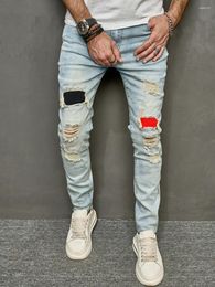 Men's Jeans Men Trend Casual Ripped Slim Fit Stretch Pants Destroyed Hole Denim High Quality Hip Hop Stretchy Male Blue Trousers