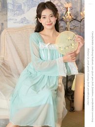 Women's Sleepwear Autumn Spring Women Vintage Princess Fairy Mesh Ruffles Long Sleeve Pant Two Piece Victorian Homewear