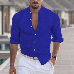 Men's Casual Shirts Royal Blue Cotton Linen Top Shirt Striped Jacquard Loose Long-sleeved Multi Color In Stock S-3XL