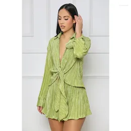 Women's Tracksuits Summer Short Pants Sexy Long Sleeves Shirts Top Y2K Casual Tied Shirt Women Fashion Pleated Shorts Two-Piece Set