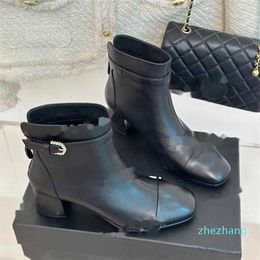 Lambskin leather ankle boots Famous Designer Women heel boot square toe black gold buckle heels booties with chain top quality woman winter fall