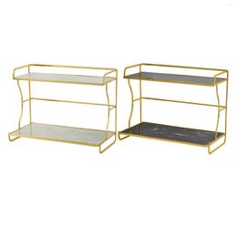 Plates Marbling Print Tray 2 Tier Tea Cup Coffee Rack Cosmetic Shelf Easy To Clean Access Golden Frame Home Decor