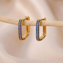 Hoop Earrings Luxury CZ Blue Rectangle For Women Stainless Steel 2023 Trendy Wedding Fashion Jewerly