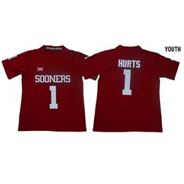 Youth #1 Jalen Hurts custom college Sooners jerseys red kids boys size Customise american football wear stitched jersey mix order