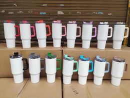 Stock warehouse 40oz Mugs Sublimation Tumbler White With Colours Handle Lids Straw Stainless Steel Coffee Big Capacity Beer Wine Water Bottle Camping Cup S B5