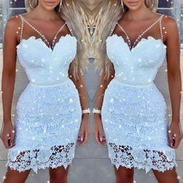 Casual Dresses Chic Sexy Women Elegant White Cocktail Party Evening Mini Sleeveless Bodycon Wedding Midi Lace Night Dress Clothes