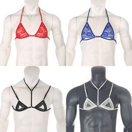 Men's Sexy Hollow Lace Halterneck Bra Porn Crossdresser Sissy Mini Micro Lingerie BDMS Men Exotic Harness Bikini Gay Clothes