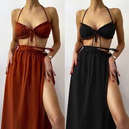 Women's Swimwear 3 Pack Ruffle Tie Waist Triangle Hipster Bikini Set & Skirt