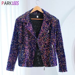 Mens Suits Blazers Shiny Colourful Sequin Motorcycle Zipup Jacket Men Party Wedding Stage Prom Glitter Sequins Costume Homme 231123