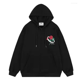 Men's Hoodies Women Zip Up Autumn Winter Goth Punk Pocket Rose Print Long Sleeve Jackets Female Harajuku Oversized Hooded Sweatshirts