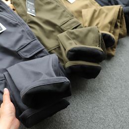 Men's Pants Winter Cargo Outdoor Windproof Waterproof Plush Men's Straight Multi Bags Overalls Camping Hiking Equipment Trousers