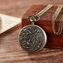 Pocket Watches Vintage Steampunk Flower Hollow Bronze Quartz Watch Fob Chain Hand Wind Necklace Clock Men Womens Gifts