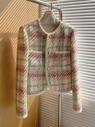 Women's Jackets 2023 Autumn Winter Vintage Short Tweed Jacket Women Elegant Colorful Plaid Weave Big Pockets Golden Buttons Woolen Coat