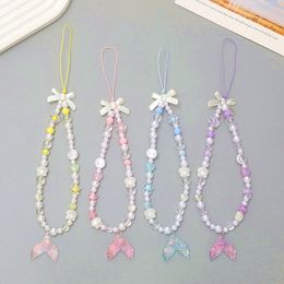 Butterfly Cell Phone Straps Mermaid Anti-Lost Wrist Charm Bracelets Handmade Chain Acrylic Lanyard Keychain Beaded Colourful Decorate Hanging Cord Universal Beads