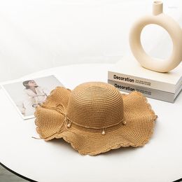 Berets 2023 Straw Hat For Woman Sun Protection Pearl Ribbon Bow Cap Beach Fashion UV Travel