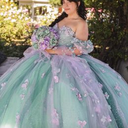 Light Green Shiny Princess Quinceanera Dresses Ball Gown 2024 Sweet 16 Dress Beads Appliques Lace Flower Birthday 15th Party Gown for Girl