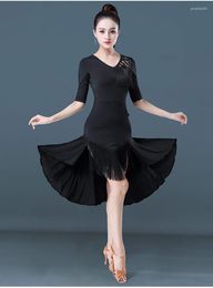 Stage Wear Black Fringe Latin Dance Skirt Attached Lace Tassel With Mid-length Sleeves Women Practise Dancewear Chacha Rumba Dress B0043