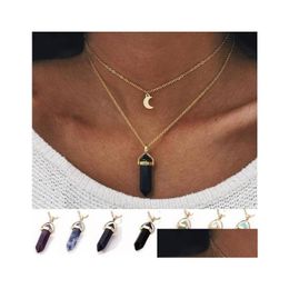 Pendant Necklaces Hexagonal Chakras Stone Pendants Crystal Shape Gemstone Pendant Necklaces Pointed Quartz Double Layer Chain Necklace Dhljb