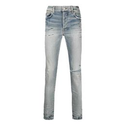 Designer Clothing Denim Pants Amiiri's New Worn One Knee Ripped Jeans Men's Slim Fit Elastic Little Feet Tide Brand Ins Long Pants Distressed Ripped Pants