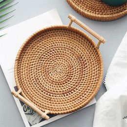 Rattan Storage Tray Round Basket with Handle Hand-Woven Rattan Tray Wicker Basket Bread Fruit Food Breakfast Display L154e