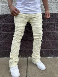 Men's Jeans Arrival Solid Colour Pale Yellow Stacked Pants Casual Streetwear Cotton Stretchy Flare Tassel Male Trousers