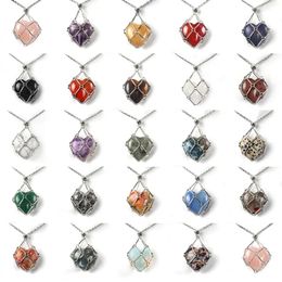 Designer Love Heart Stone Metal Chain Net Cage Holder Opal Rose Quartz Collecting Adjustable Pendant Necklace Jewelry