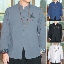 Men's Casual Shirts Men Chinese Style Shirt Retro Tang Suit Cotton Linen Stand Collar Long Sleeve Disc For