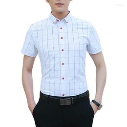 Men's Dress Shirts Korean Fashion Plaid Shirt Men Short Sleeve Slim Casual Button Up Mens Male Clothing Plus Size 5XL