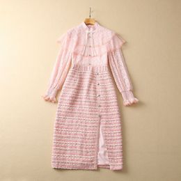 Casual Dresses European and American women's clothes 2023 spring new pink Long sleeve flared sleeve lace stitching tweed Fashion Dress XXL