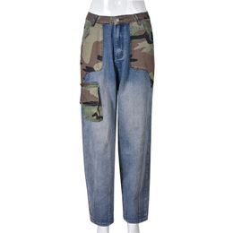 Neue Designer -Camo Patchwork Jeans Frauen hohe Taille Vintage gerade Denim Hosen lässige Wäsche gewaschene Retro -Frachthosen Großhandelskleidung 9698
