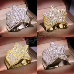 Five-Star Iced Out Rings Men's Gold Silver Colour Bling Cubic Zirconia Jewellery Ring Gifts Couple Wedding Rings Women Jewellery