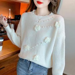 Women's Sweaters 2024 Purple 3D Flower Knitwears Autumn Soft Cozy Sweater Loose Fashion Bottoming Tops Lazy Sweet Beading Pullover Ladies