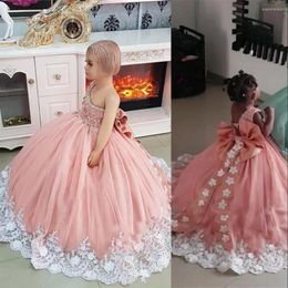 Girl Dresses Lovely Pink Puffy Girls Pageant One Shoulder White Lace Handmade Flowers Beaded Kids Flower Birthday Gowns Robes