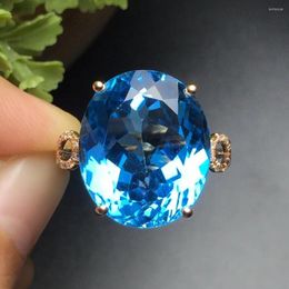 Cluster Rings Fine Jewelry Real 18K Rose Gold AU750 Jewellery Natural Blue Topaz Gemstone Female For Women Ring