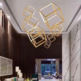 Pendant Lamps Minimalism Geometric Led Lights Modern Lustre Plated Gold Cube Hanging Chandelier Luminarias Lighting Fixtures