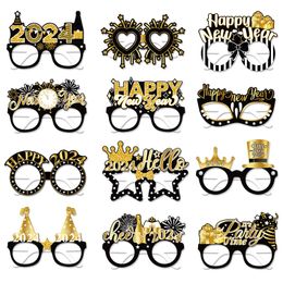 12pcs/set 2024 Happy Frame Decoration Family New Year Eve Party Paper Glasses Photo Booth Props Navidad Christmas Favours