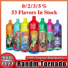 Original RandM Tornado 9000 Puffs Disposable E Cigarettes 9K Puff Vape Pen Electronic Cigs 0.8ohm Mesh Coil 18ml Pod Battery Rechargeable 0% 2% 3% 5% Vapor 48 Flavors