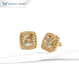 Tianyu Gems 14K/ Real Yellow Gold 9.5*9.5Mm Cushion Crushed Ice Cut Moissanite Stud Earring For Woman