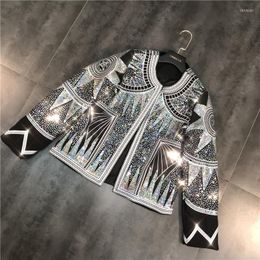 Women's Jackets Women Shiny Jacket 2023 Silver Sequins Geometric Bomber O Neck Nationality Embroid Coat Casual Outerwear Female Clothing